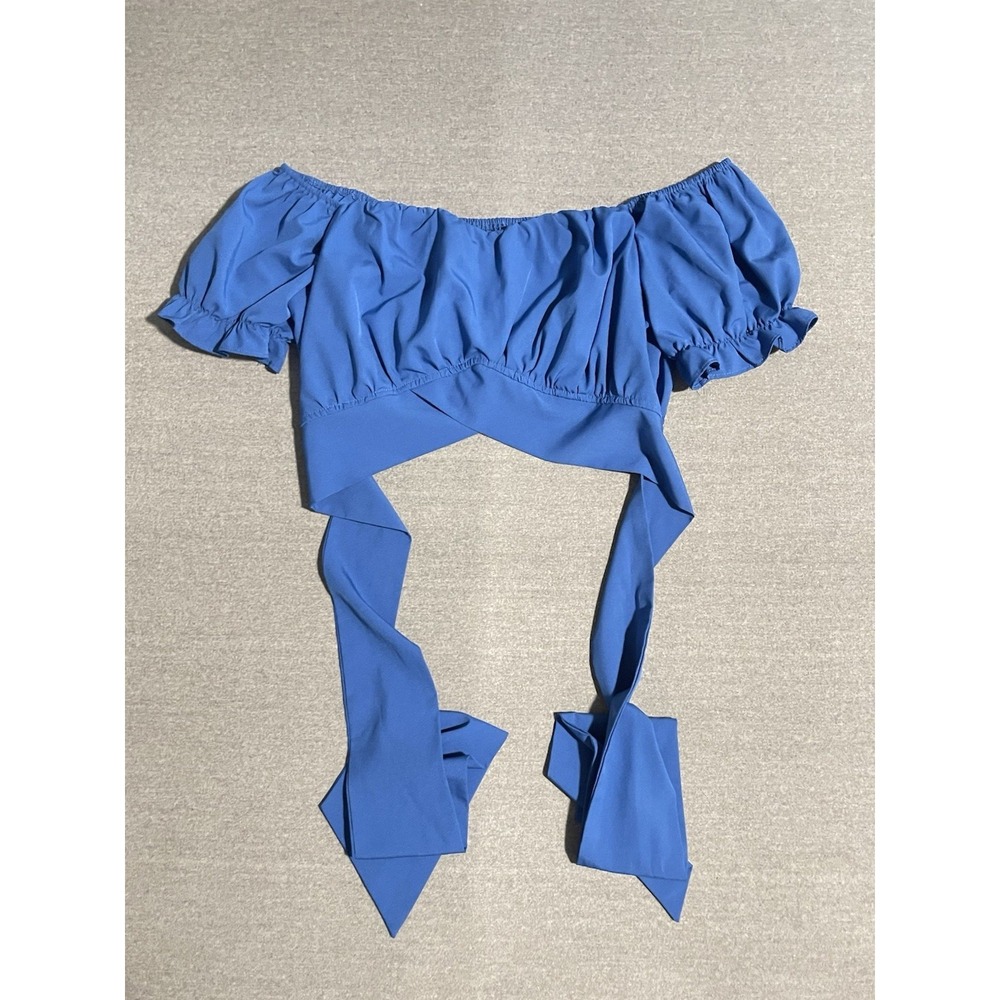 LYANER Blue Off Shoulder Crop Top XL Tie Front Puff Sleeve Boho